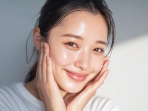 シミ取りのアフターケア後、肌に満足している女性